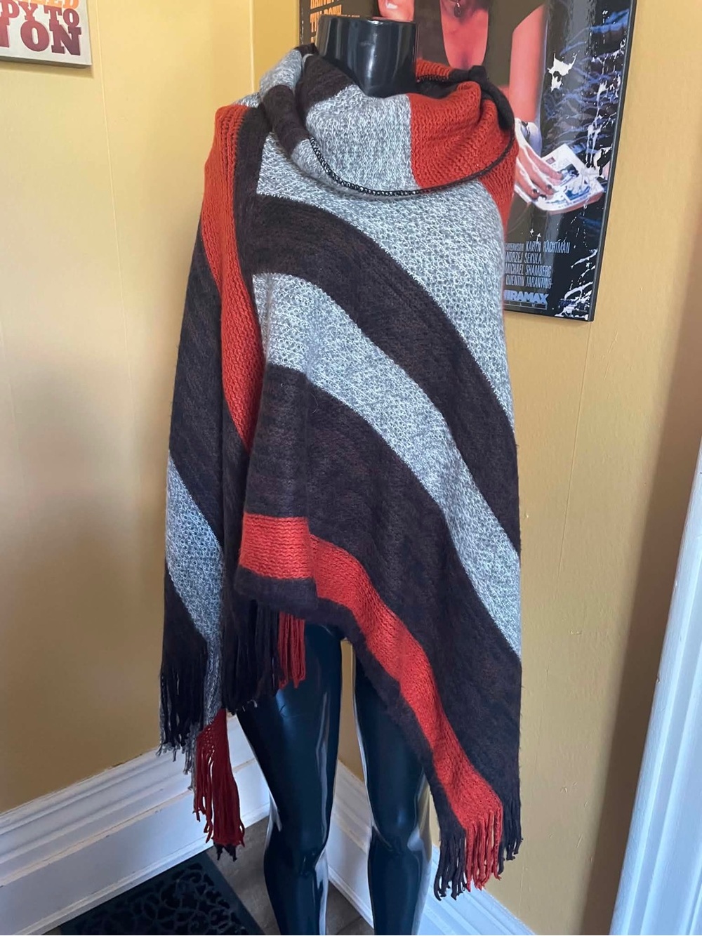Cleo Striped Wool Blend Fringe Knit Mock Neck Poncho Rust, Brown & Gray One Size